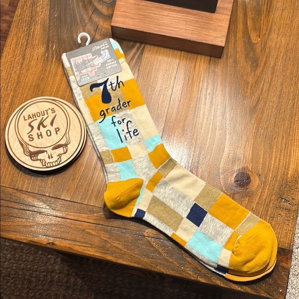 Blue Q Yellow and Blue Casual Socks Vibrant Design “7th Grader for Life”